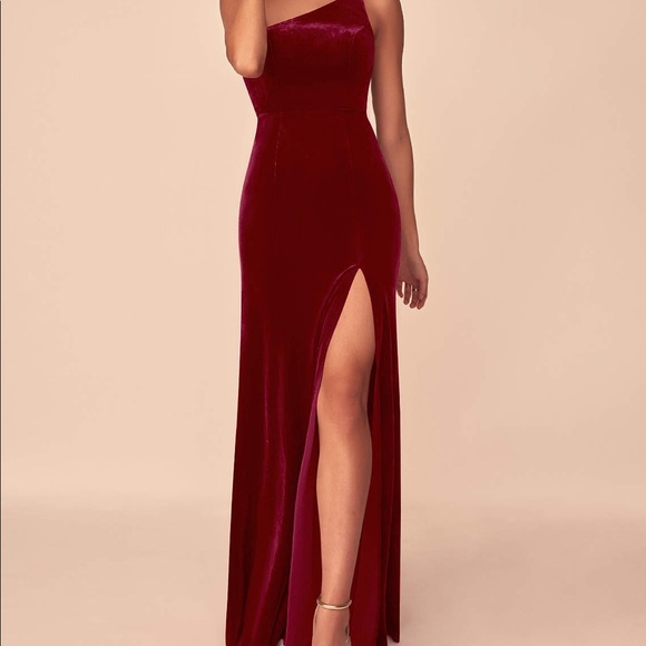 Azazie A-line One Shoulder Velvet Floor Length Dress Burgundy - Picture 1 of 4